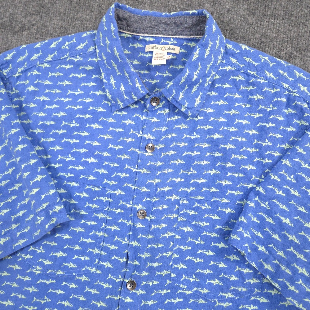 Carbon 2 Cobalt Shirt Mens M Blue Shark AOP Linen Short Sleeve Button Up Preppy